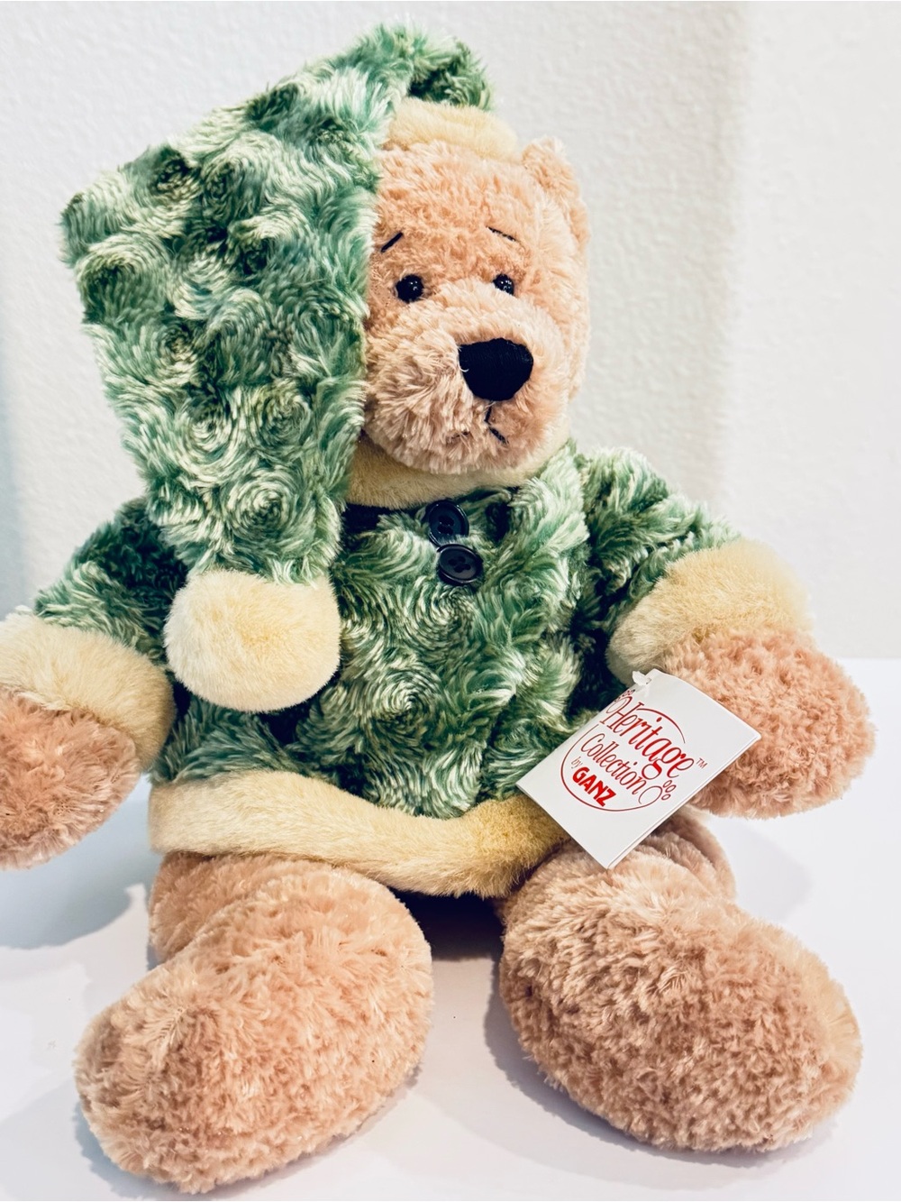 GANZ Tan Bear in Textured Green Holiday Outfit